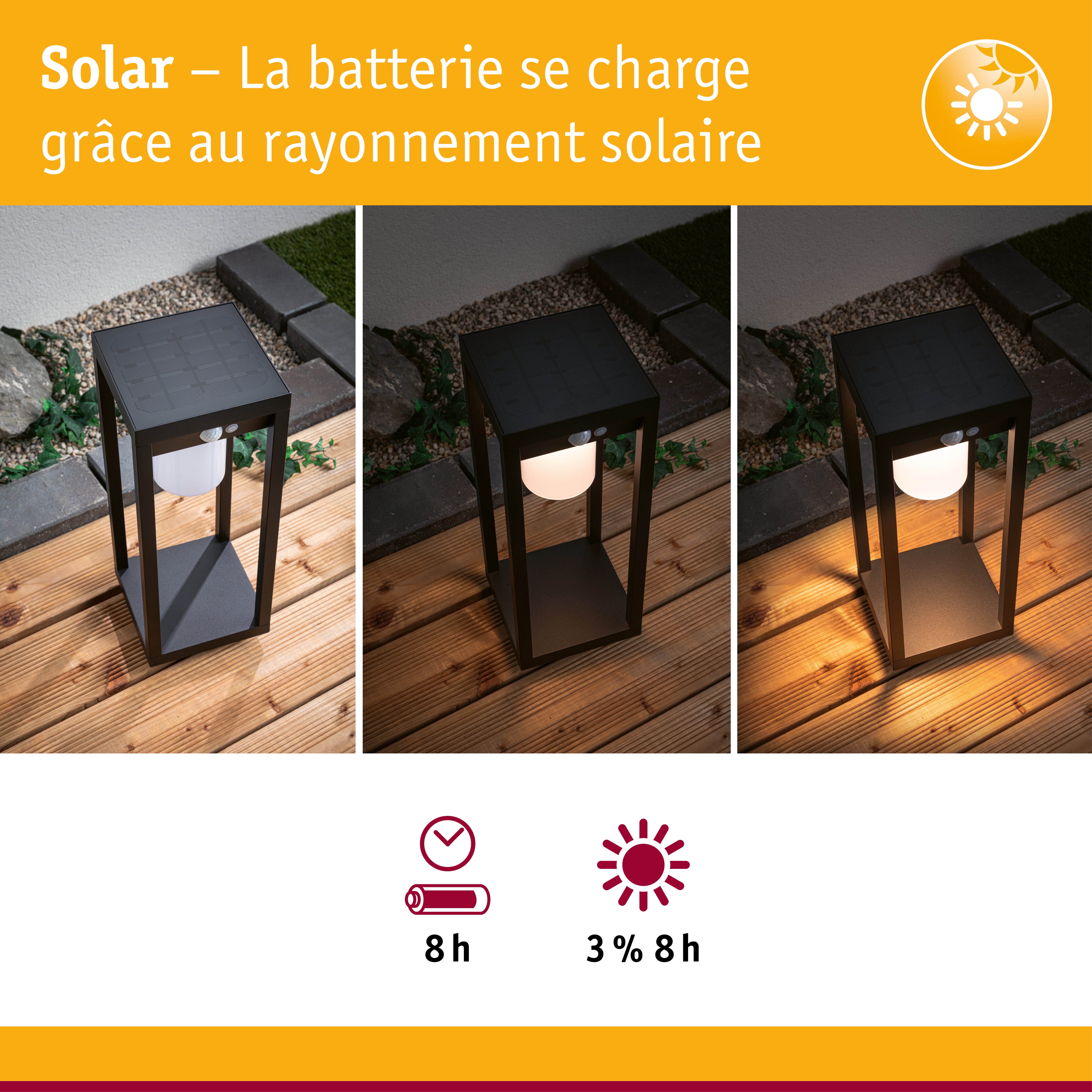 Lampe de jardin solaire noire en métal avec diffuseur blanc sur terrasse en bois de jour comme de nuit