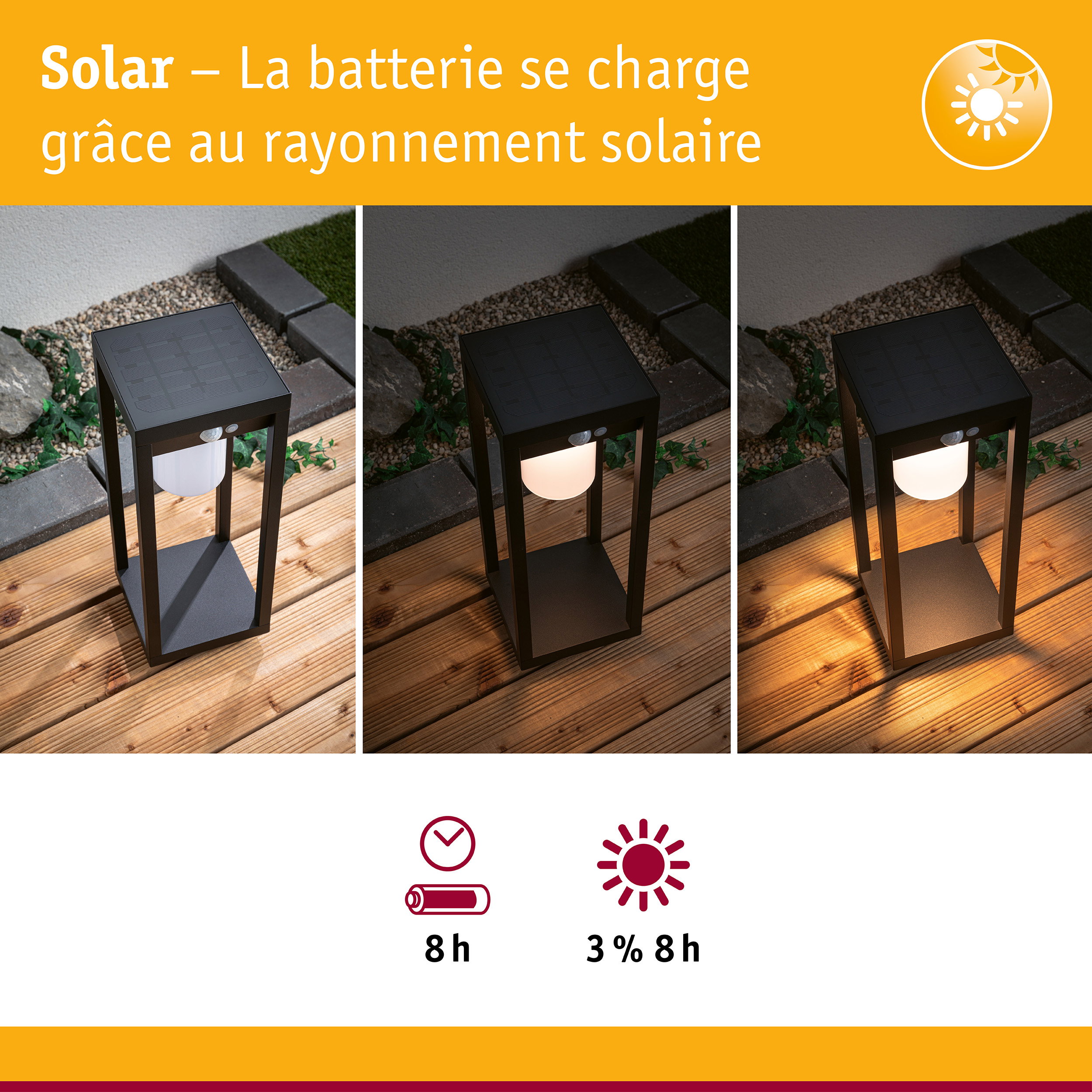 Lampe de jardin solaire noire en métal avec diffuseur blanc sur terrasse en bois de jour comme de nuit