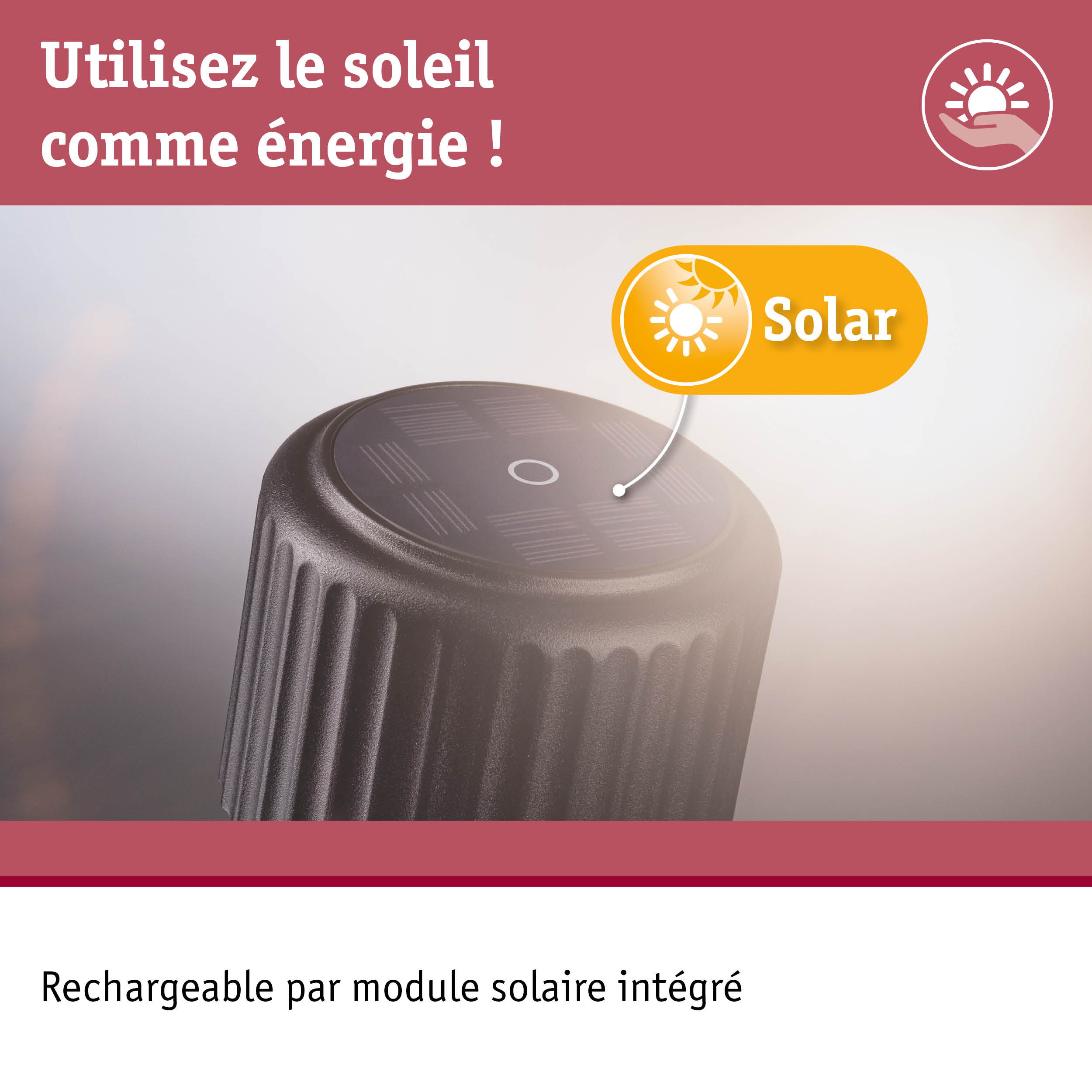 Batterie rechargeable noire avec module solaire intégré pour utilisation d'énergie solaire