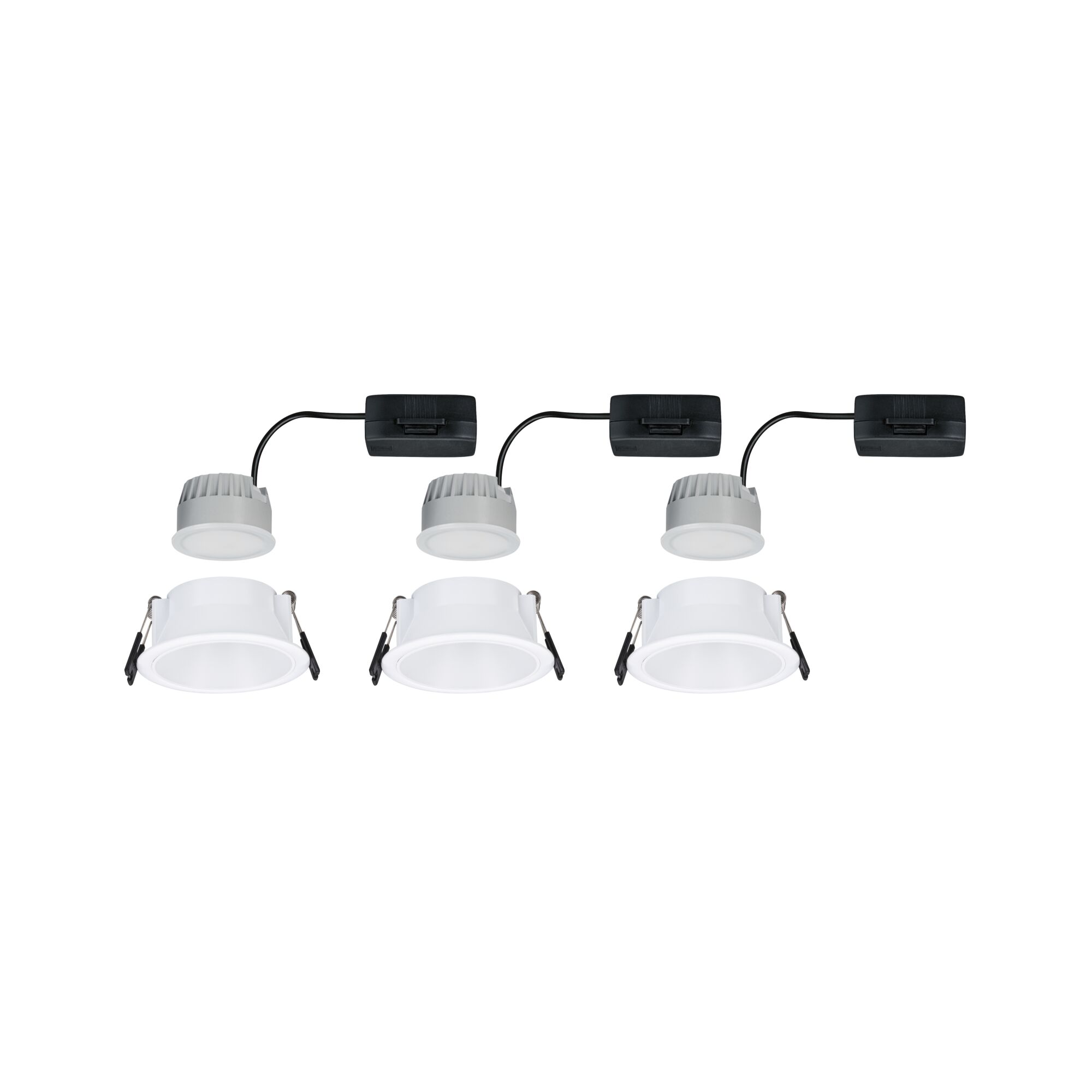 Drie witte LED-inbouwspots met grijze koellichamen en zwarte aansluitdozen voor moderne verlichting