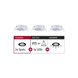 Three white metal recessed spotlights without LEDs, requires LED bulbs for complete lighting