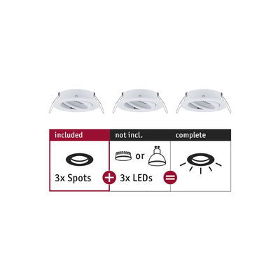 Three white metal recessed spotlights without LEDs, requires LED bulbs for complete lighting