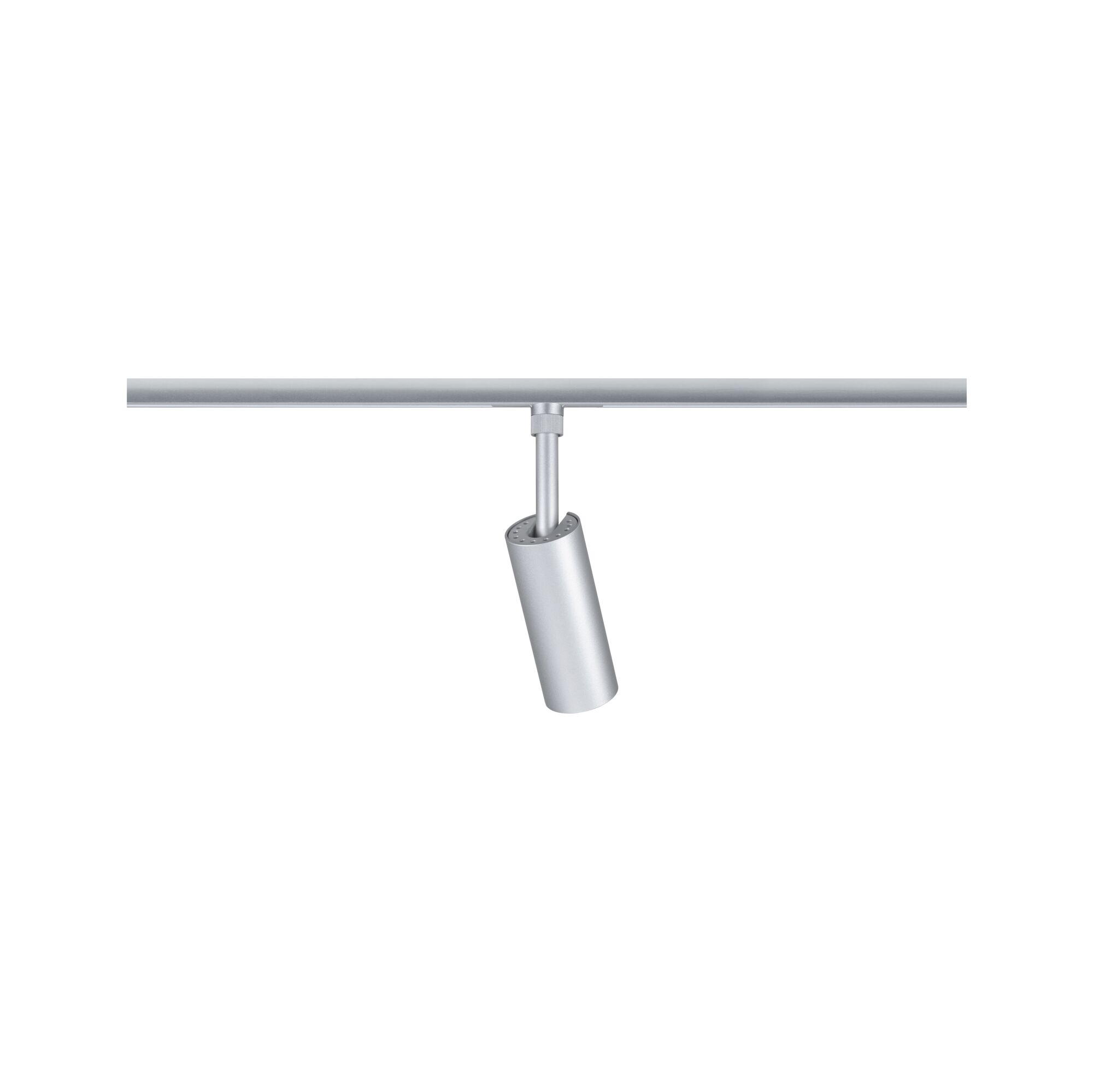 Moderner silberner LED-Strahler aus Metall an Schienensystem für flexible Raumbeleuchtung