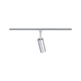 Moderner silberner LED-Strahler aus Metall an Schienensystem für flexible Raumbeleuchtung