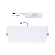 Rectangular white LED panel with driver and cables for modern indoor lighting solutions