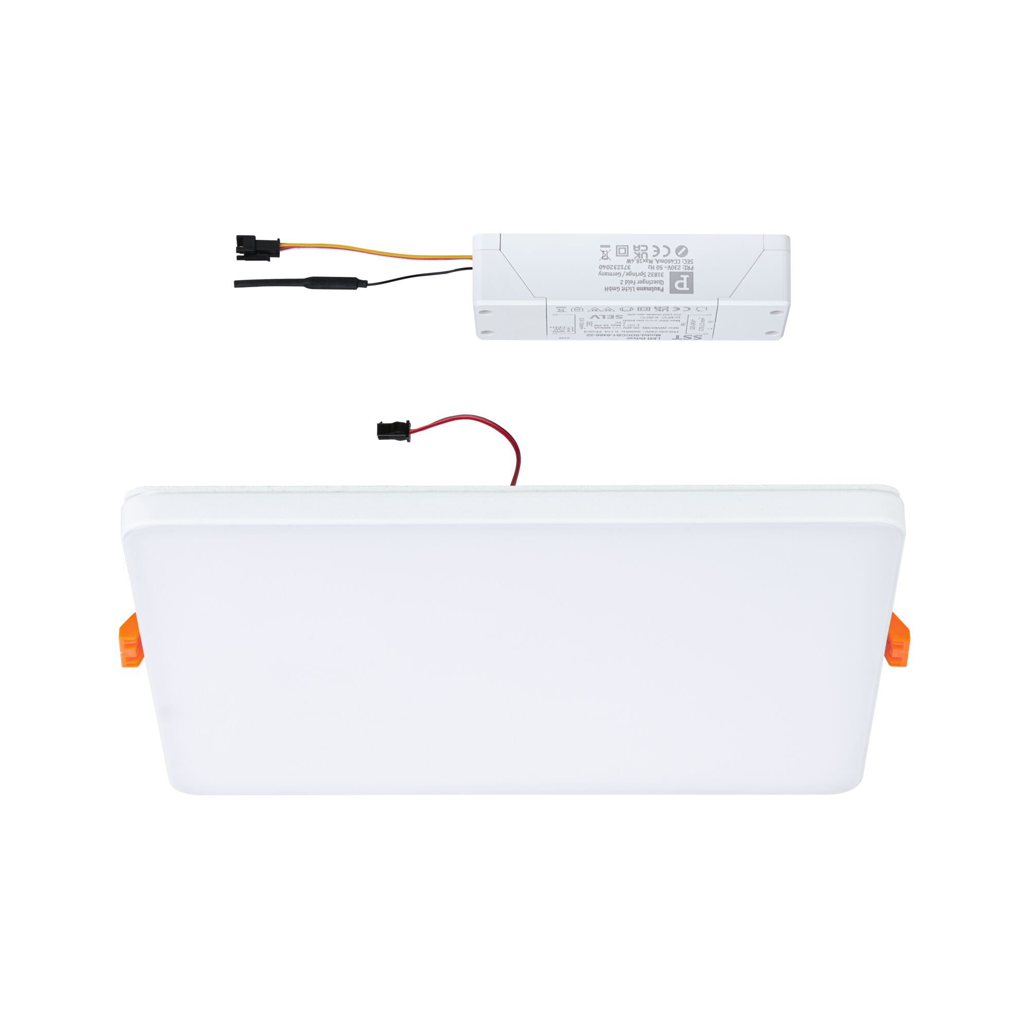 Rectangular white LED panel with driver and cables for modern indoor lighting solutions