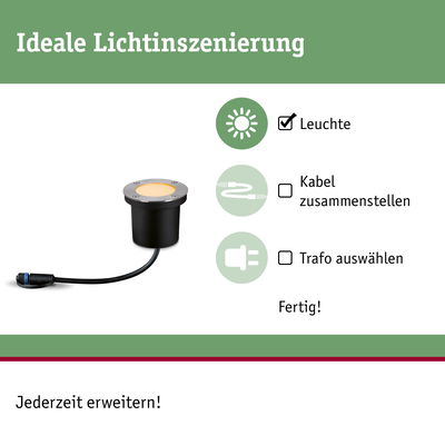 Runde LED-Einbauleuchte mit schwarzem Gehäuse und Edelstahlrand für Gartenbeleuchtung