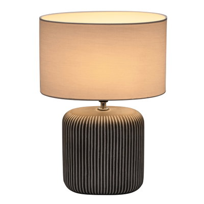 Lampe de table avec base en céramique rayée noire et abat-jour en tissu clair pour éclairage d'ambiance