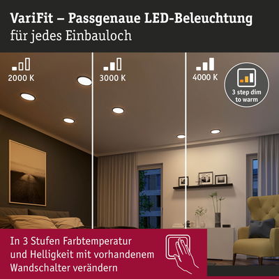 VariFit LED-Einbauleuchten mit 3 Farbtemperaturen 2000K, 3000K, 4000K und Dimmerfunktion für Wohnräume