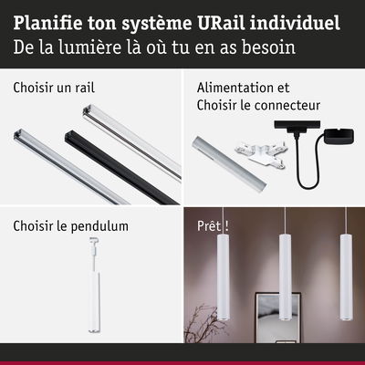 Système URail modulaire avec rails en aluminium noir et blanc, connecteurs et suspension pour éclairage personnalisé