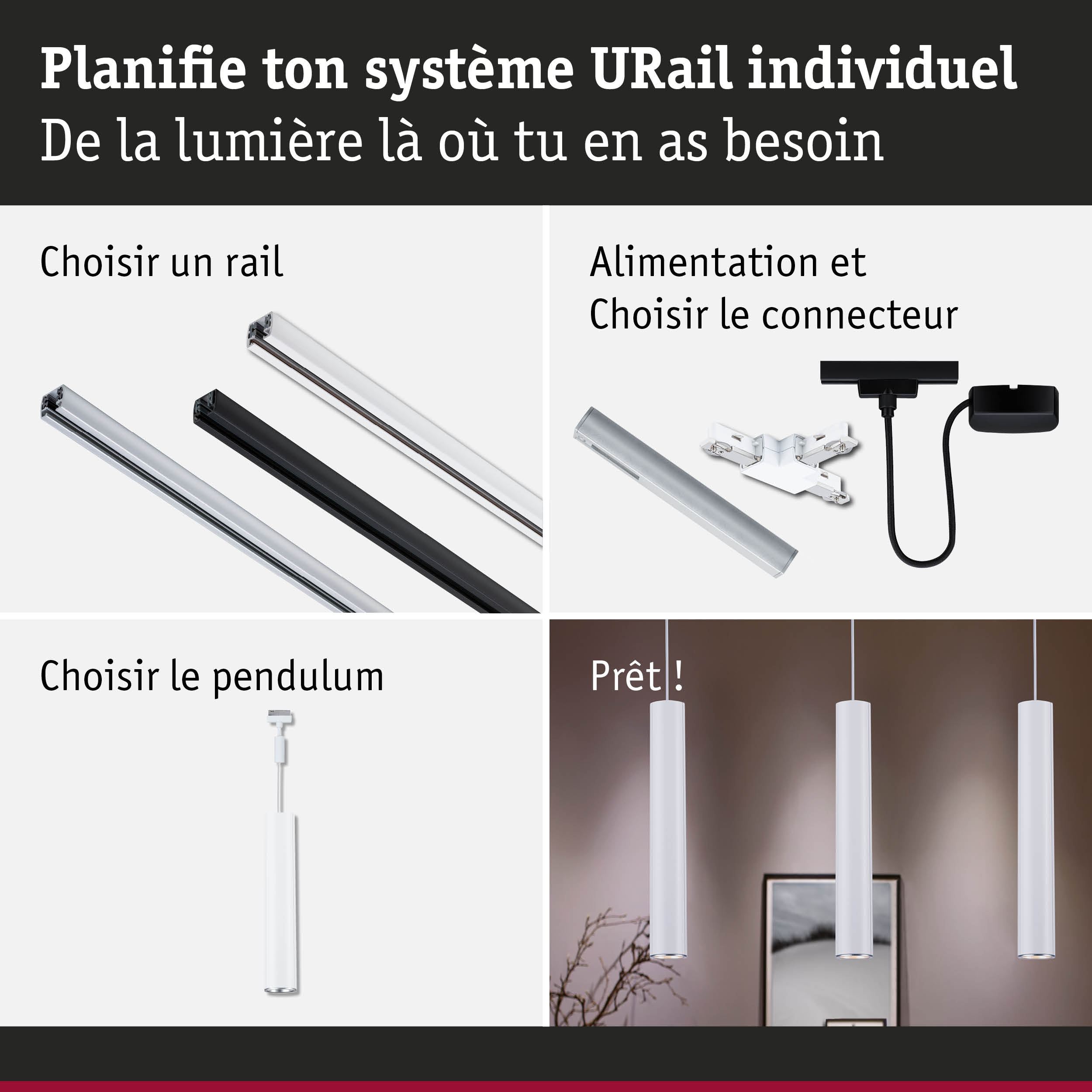 Système modulaire URail avec rails blancs et noirs et suspensions pour un éclairage personnalisé