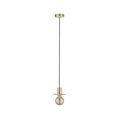 Modern brass pendant light with black cord and exposed bulb ideal for stylish home lighting