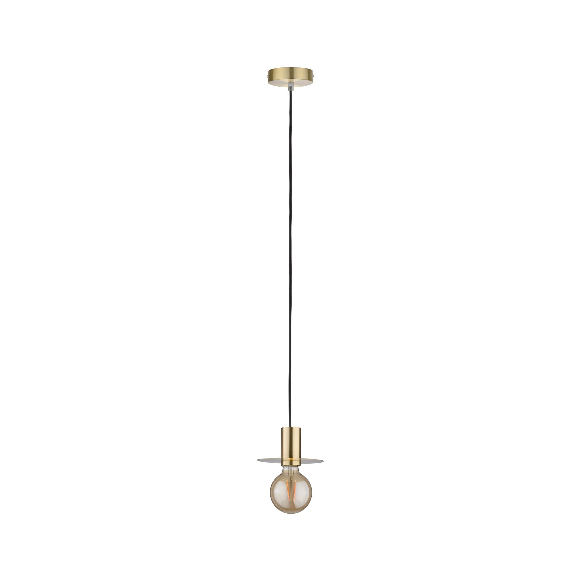 Moderne Pendelleuchte aus gebürstetem Messing mit schwarzem Kabel und sichtbarer Glühbirne für Wohnräume