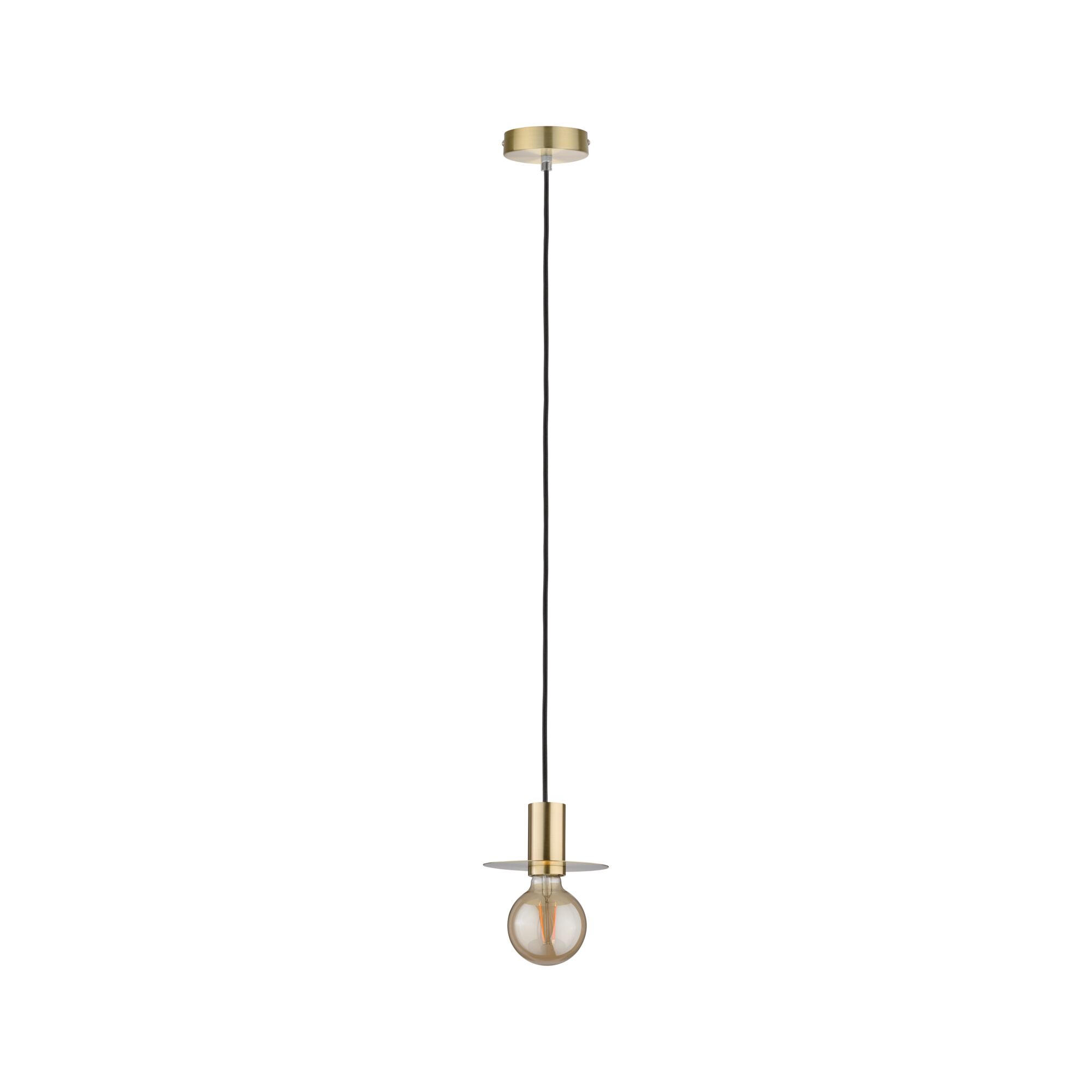 Moderne Pendelleuchte aus gebürstetem Messing mit schwarzem Kabel und sichtbarer Glühbirne für Wohnräume