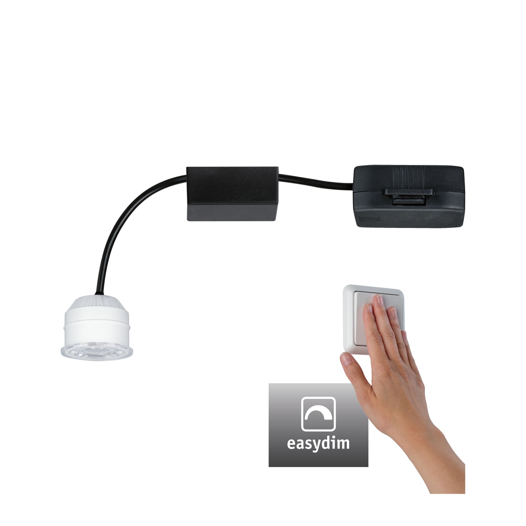 Hand betätigt weißen Dimmschalter mit schwarzem Kabel und LED-Leuchte für Lichtsteuerung