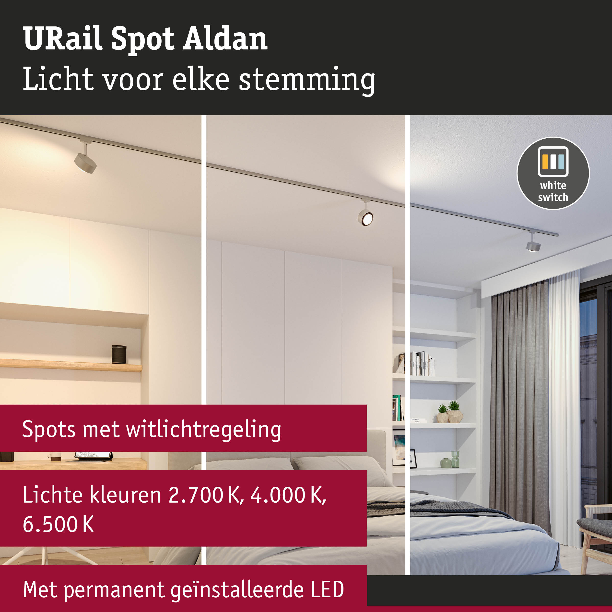 URail Spot Aldan witte LED-plafondlamp met instelbare lichtkleuren 2700K tot 6500K voor woonruimtes