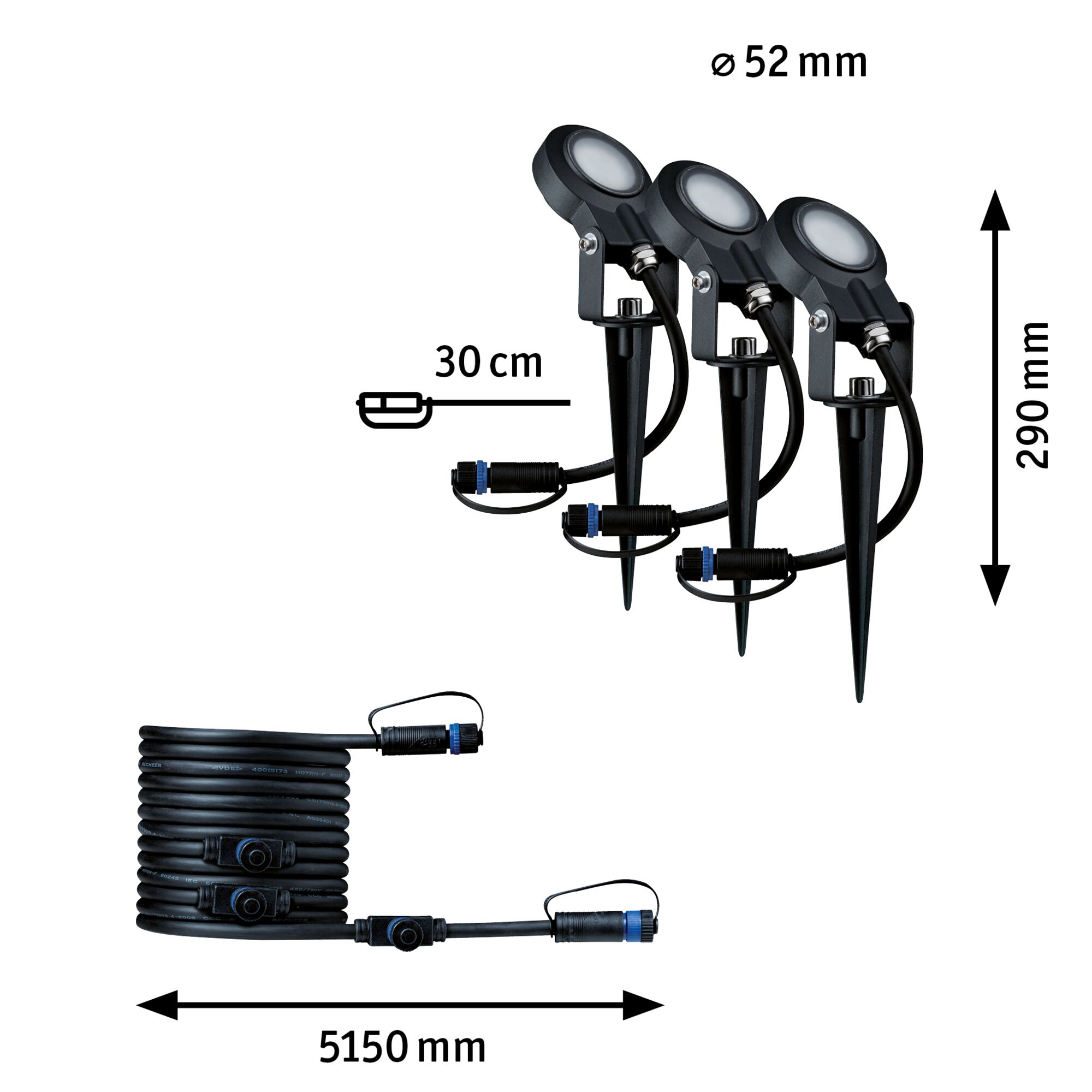 Three black LED garden spotlights with ground spikes and 5.15 m cable for outdoor lighting.