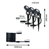 Tre sorte LED-havelamper med jordspyd og 5,15 m kabel til udendørsbelysning.