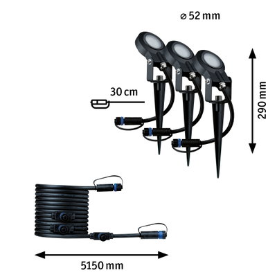 Tre sorte LED-havelamper med jordspyd og 5,15 m kabel til udendørsbelysning.