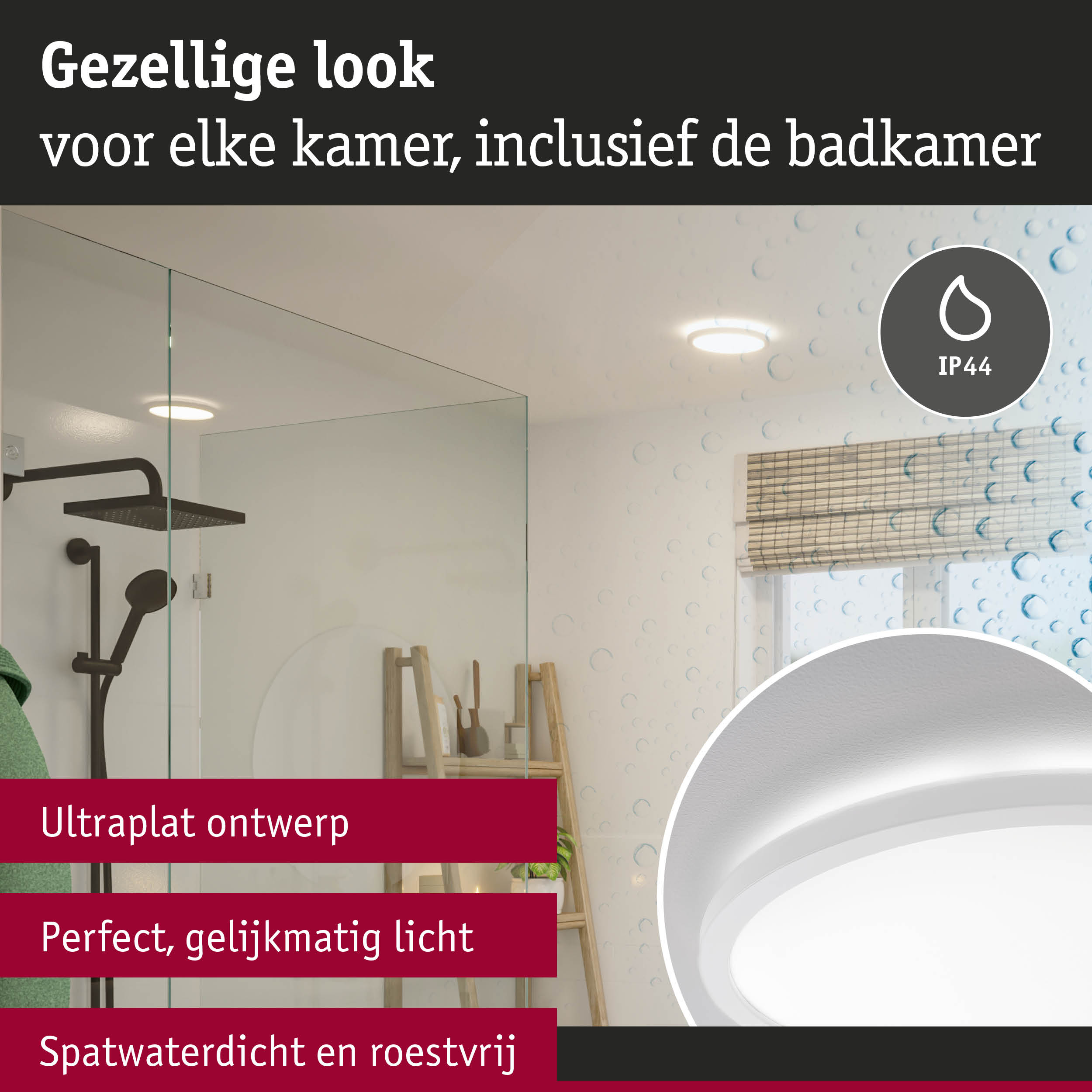 Ultraplatte, spatwaterdichte plafondlamp met gelijkmatig licht, perfect voor de badkamer.