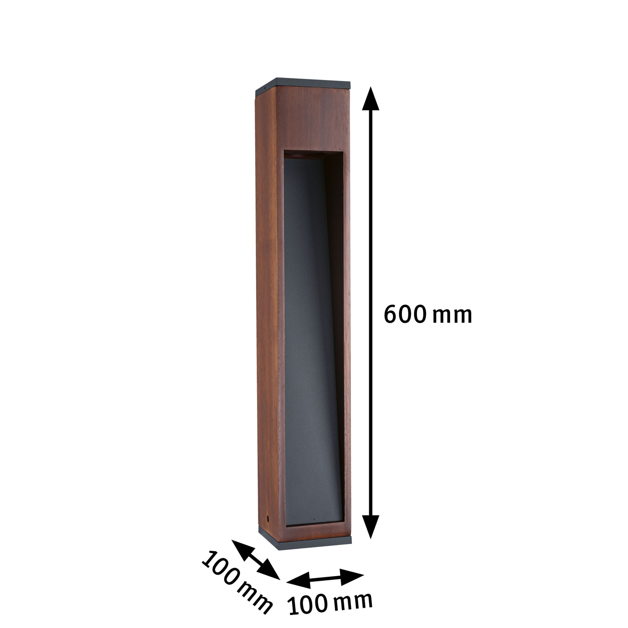Rectangular wooden pillar with black frame measuring 600x100x100 mm for indoor lighting
