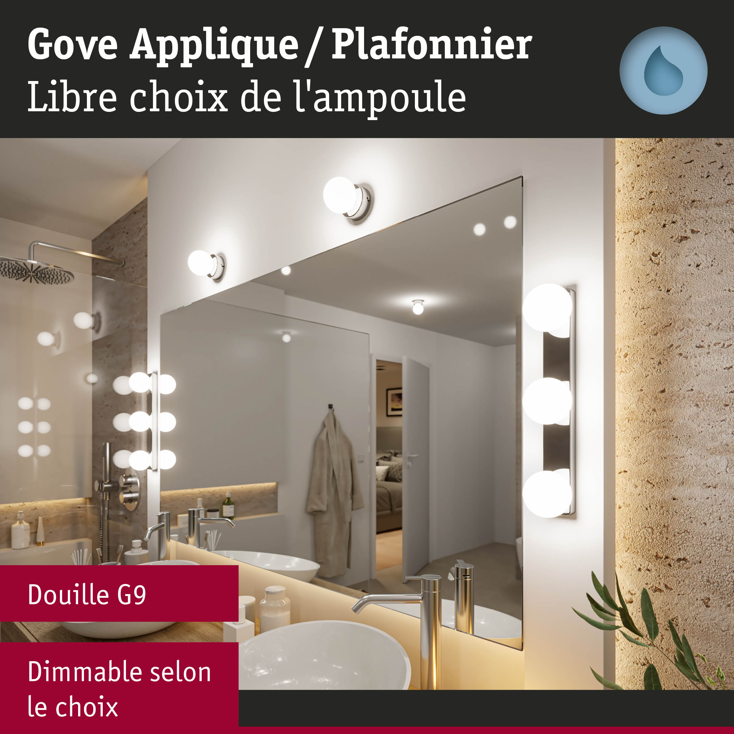 Applique murale Gove en chrome avec globes en verre blanc dans une salle de bain moderne