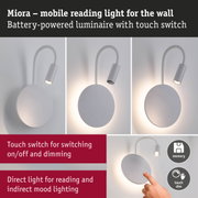 Miora mobile white reading light with touch switch and battery for dimmable wall lighting