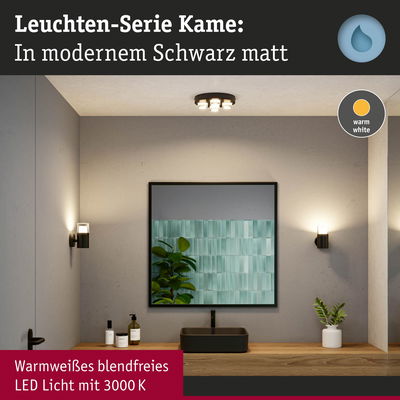 Mattschwarze Kame LED-Deckenleuchte mit warmweißem Licht 3000K im modernen Badezimmer