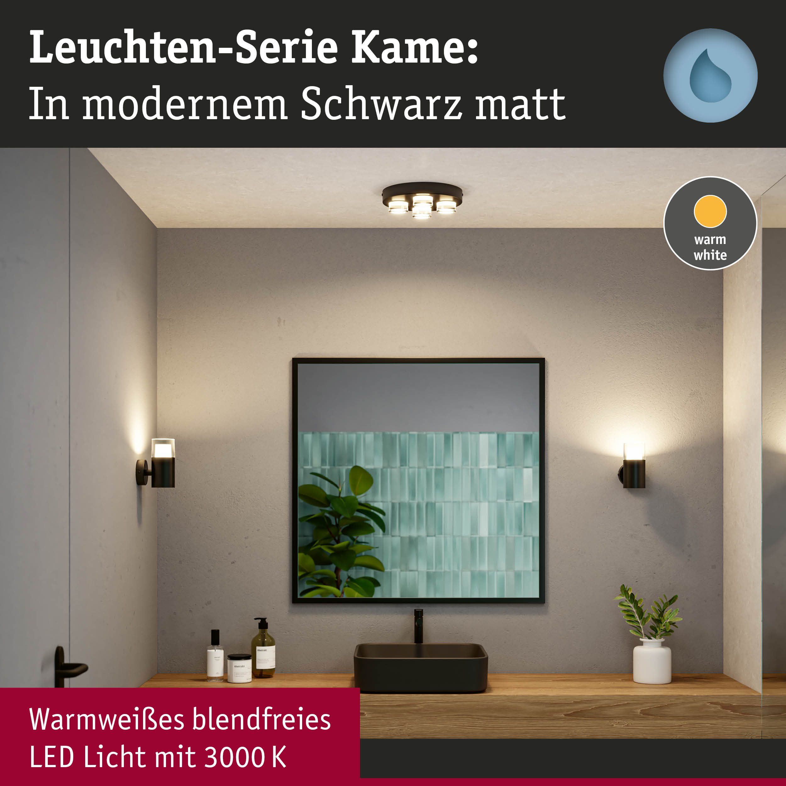 Schwarze LED-Deckenleuchte Kame mit warmweißem Licht 3000K in modernem Badezimmer.