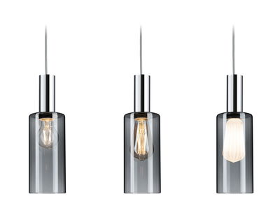 Three modern pendant lights with smoked glass and chrome metal for stylish indoor lighting.