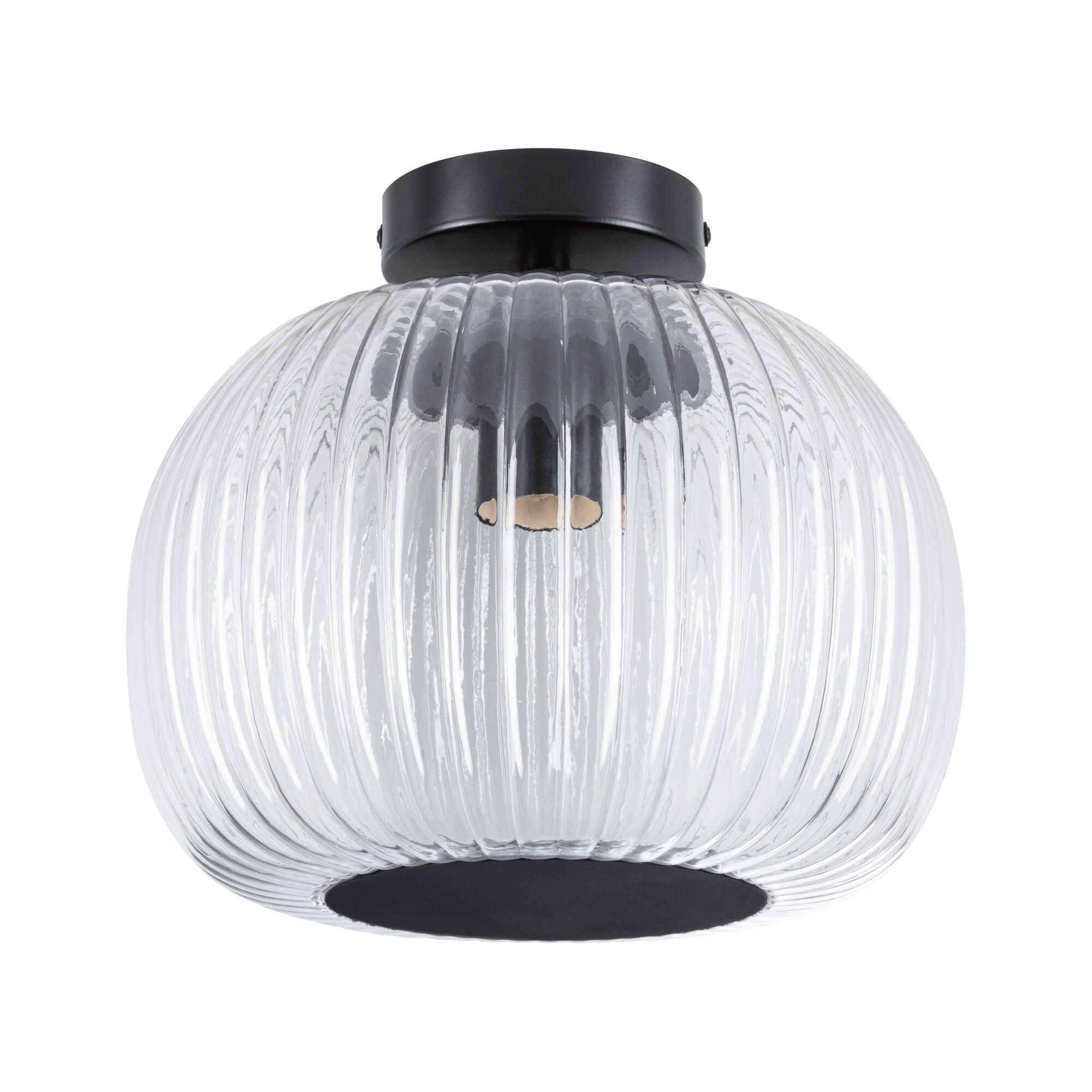 Plafonnier LED Ruya IP44 E27 230V max. 60W gradable Verre/Noir mat Plafonnier en verre transparent cannelé avec base en métal noir mat pour éclairage moderne