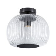 Ceiling light with ribbed clear glass and matte black metal base for modern home lighting