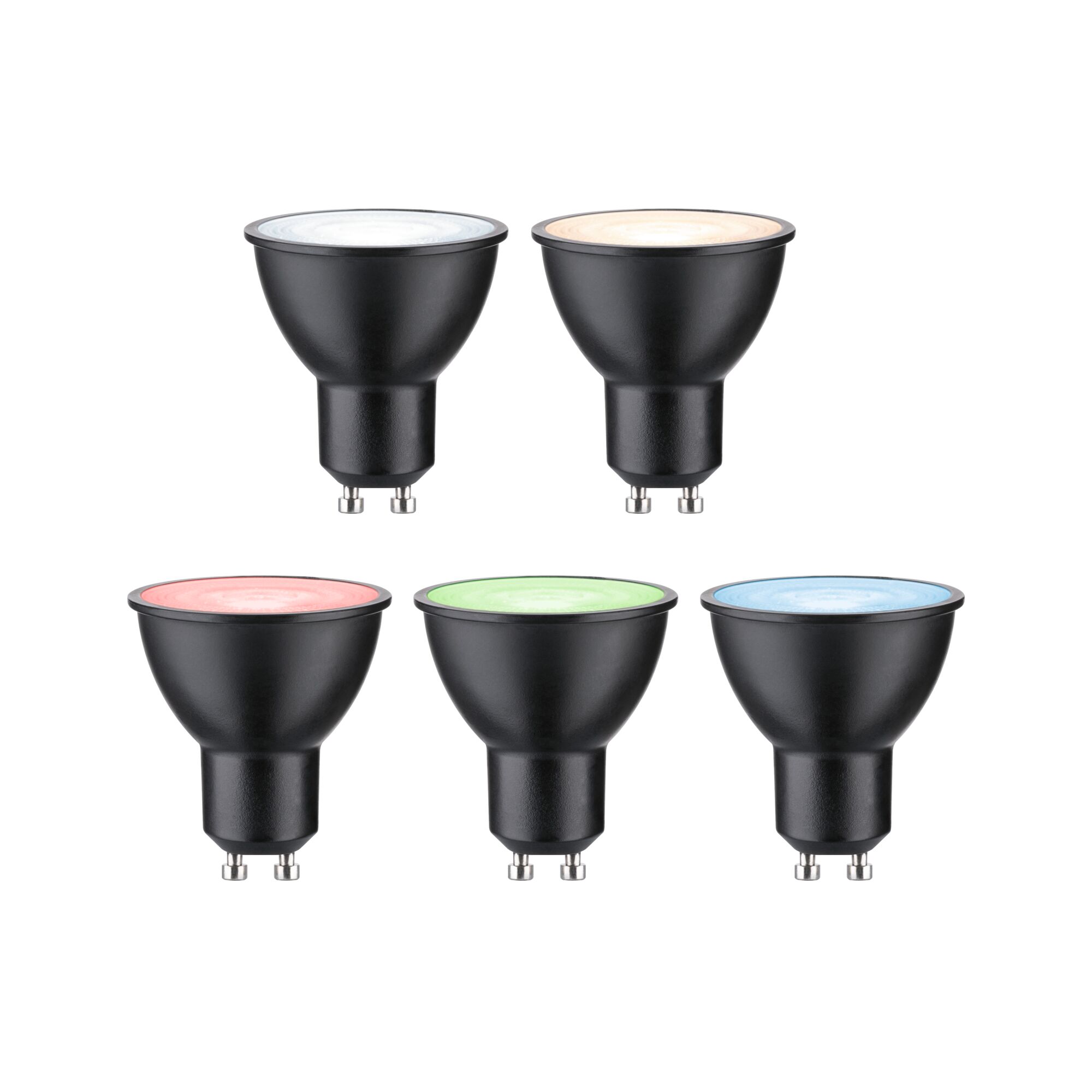 Cinq ampoules LED GU10 noires avec lentilles colorées en blanc, blanc chaud, rouge, vert et bleu.