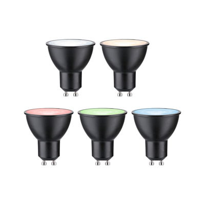 Five GU10 LED bulbs with black housing and colored lenses in white, warm white, red, green, and blue light.