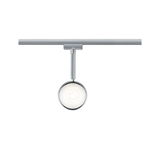 Moderne chromen LED-spot met ronde glazen lens op railsysteem voor flexibele verlichting