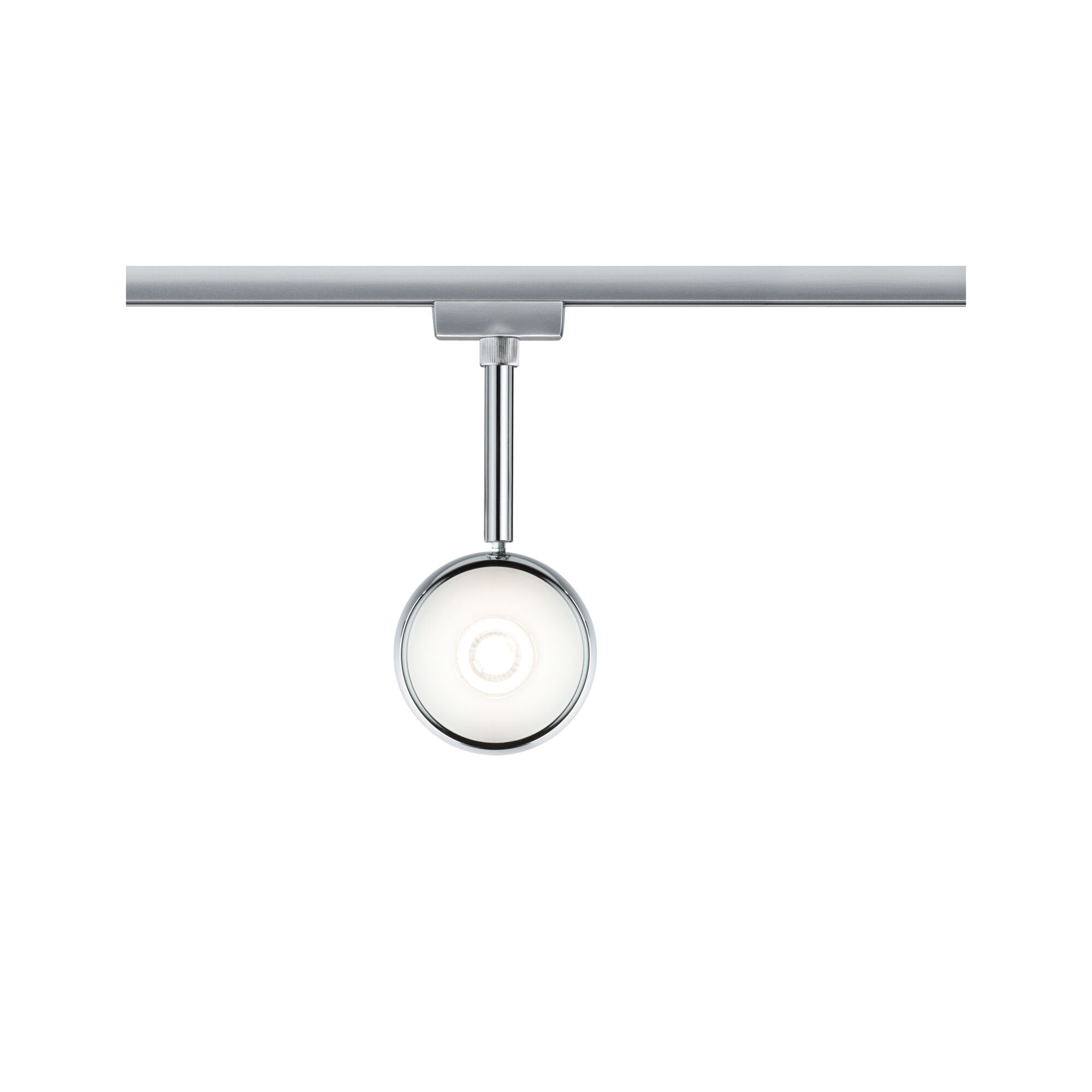 Moderner LED-Spot aus Chrom mit runder Glaslinse an Schienensystem für flexible Beleuchtung