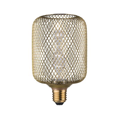Gouden LED-lamp met decoratief metalen gaas en zichtbaar filament voor stijlvolle verlichting