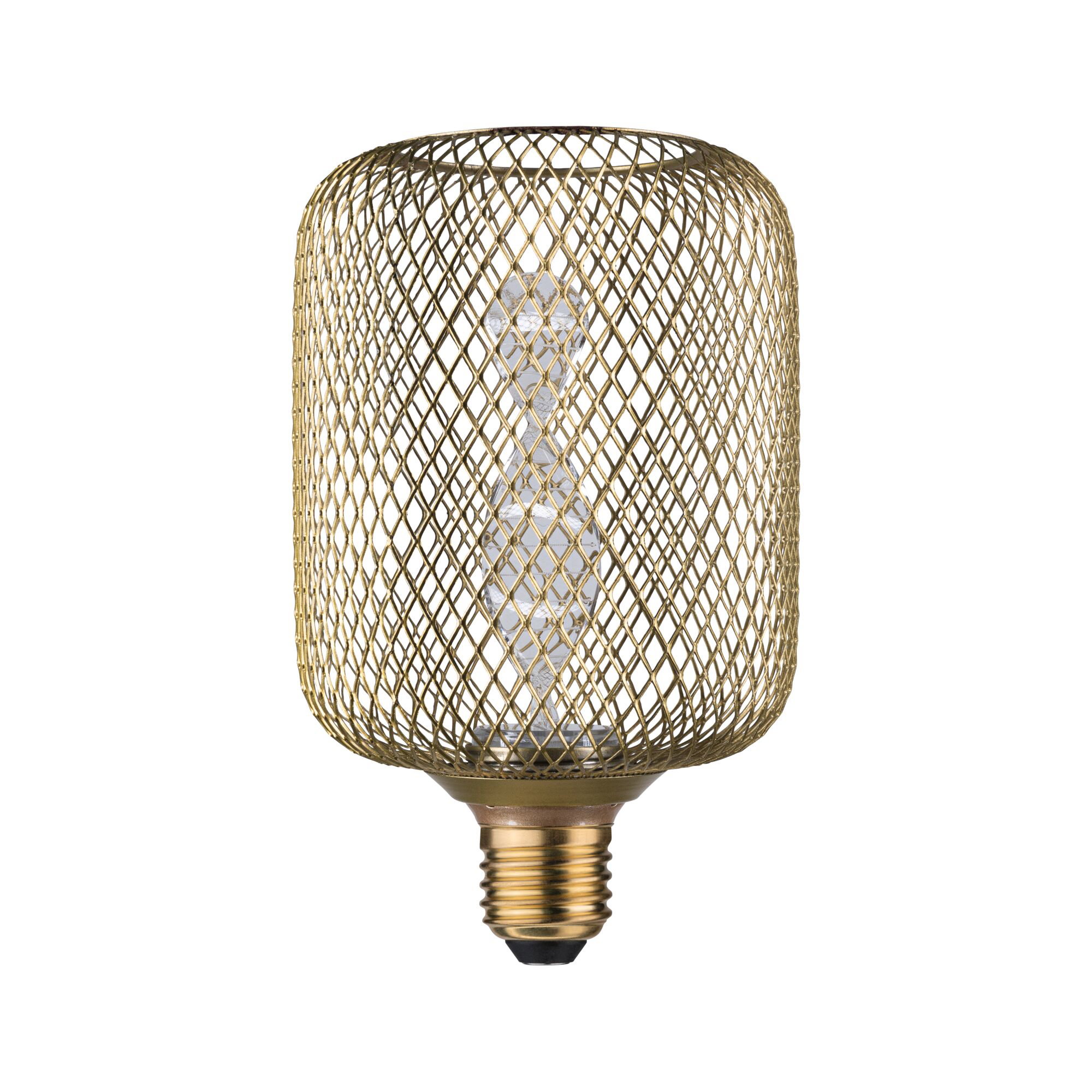 Gold LED bulb with decorative metal mesh and visible filament for stylish lighting and home decor