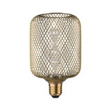 Gold LED bulb with decorative metal mesh and visible filament for stylish lighting and home decor