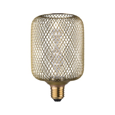 Ampoule LED dorée avec grille métallique décorative et filament visible pour un éclairage élégant