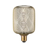 Goldfarbene LED-Lampe mit dekorativem Metallgitter und sichtbarem Leuchtmittel für stilvolle Beleuchtung