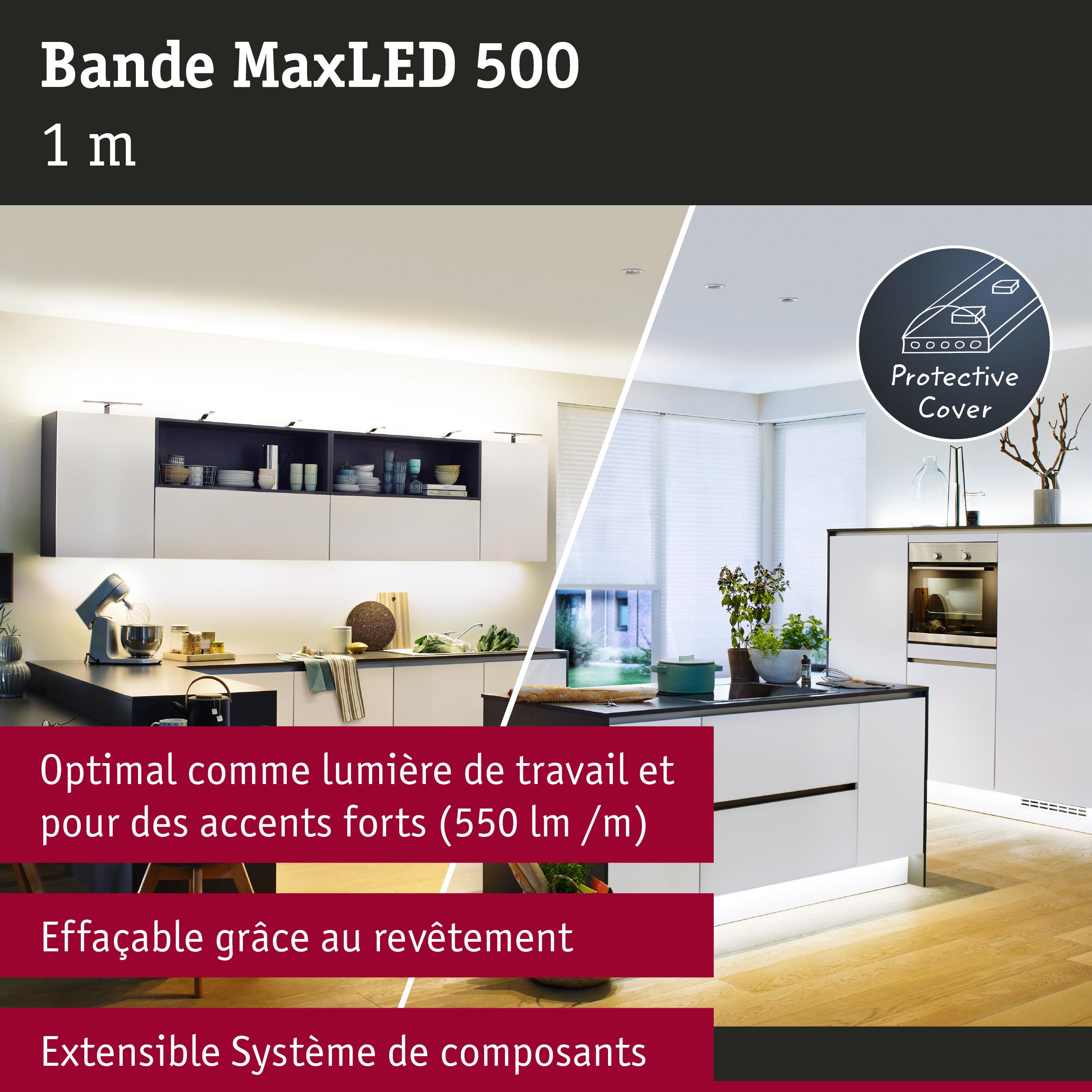 Bande MaxLED 500 de 1 m avec revêtement protecteur, lumière blanche chaude pour plans de travail et accents lumineux
