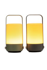 Two portable LED lamps with warm white light and metal handles in green and black for ambient lighting