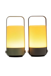 Two portable LED lanterns with warm white light and black metal handle for ambient lighting