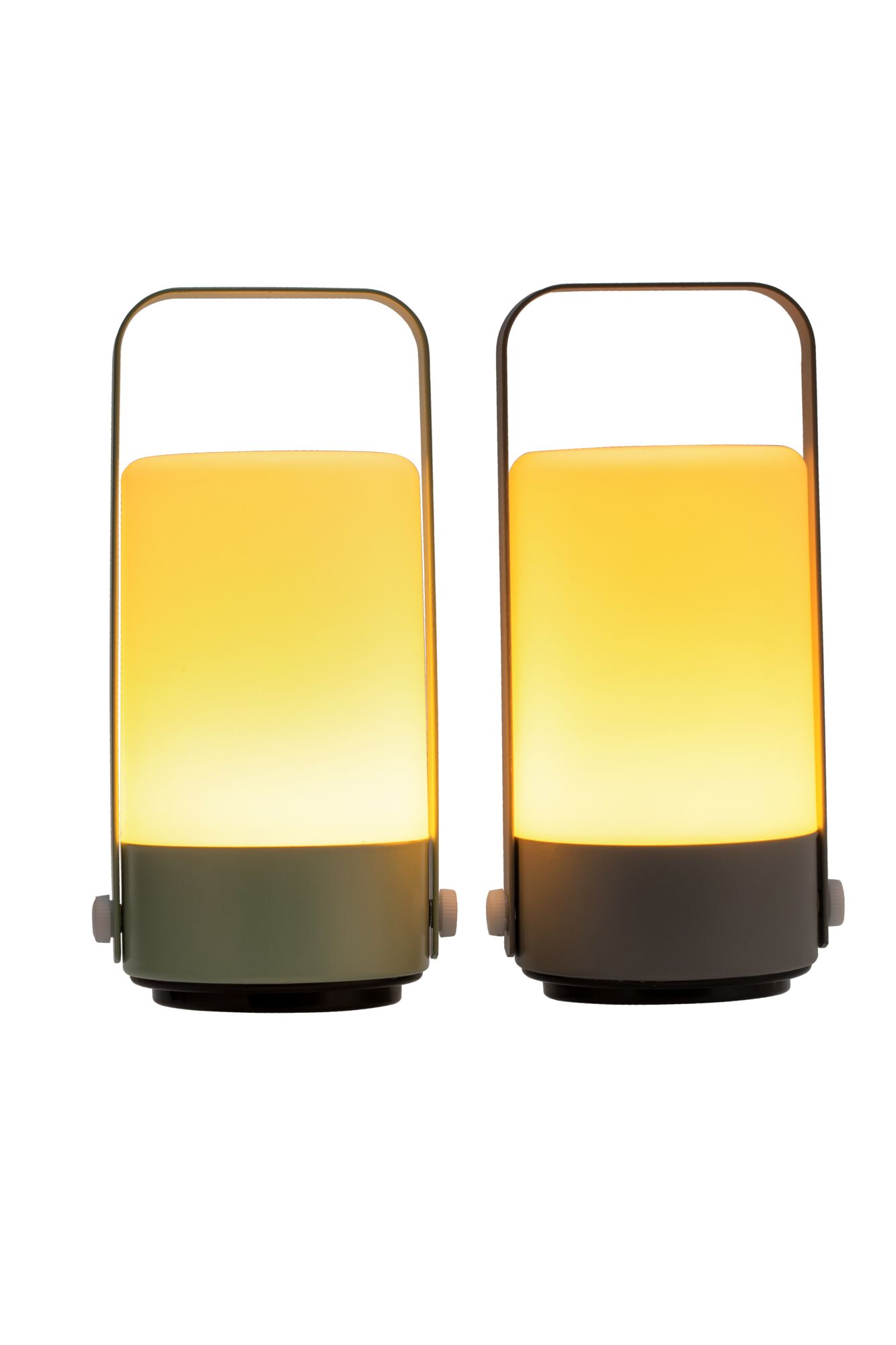 Two portable LED lanterns with warm white light and black metal handle for ambient lighting