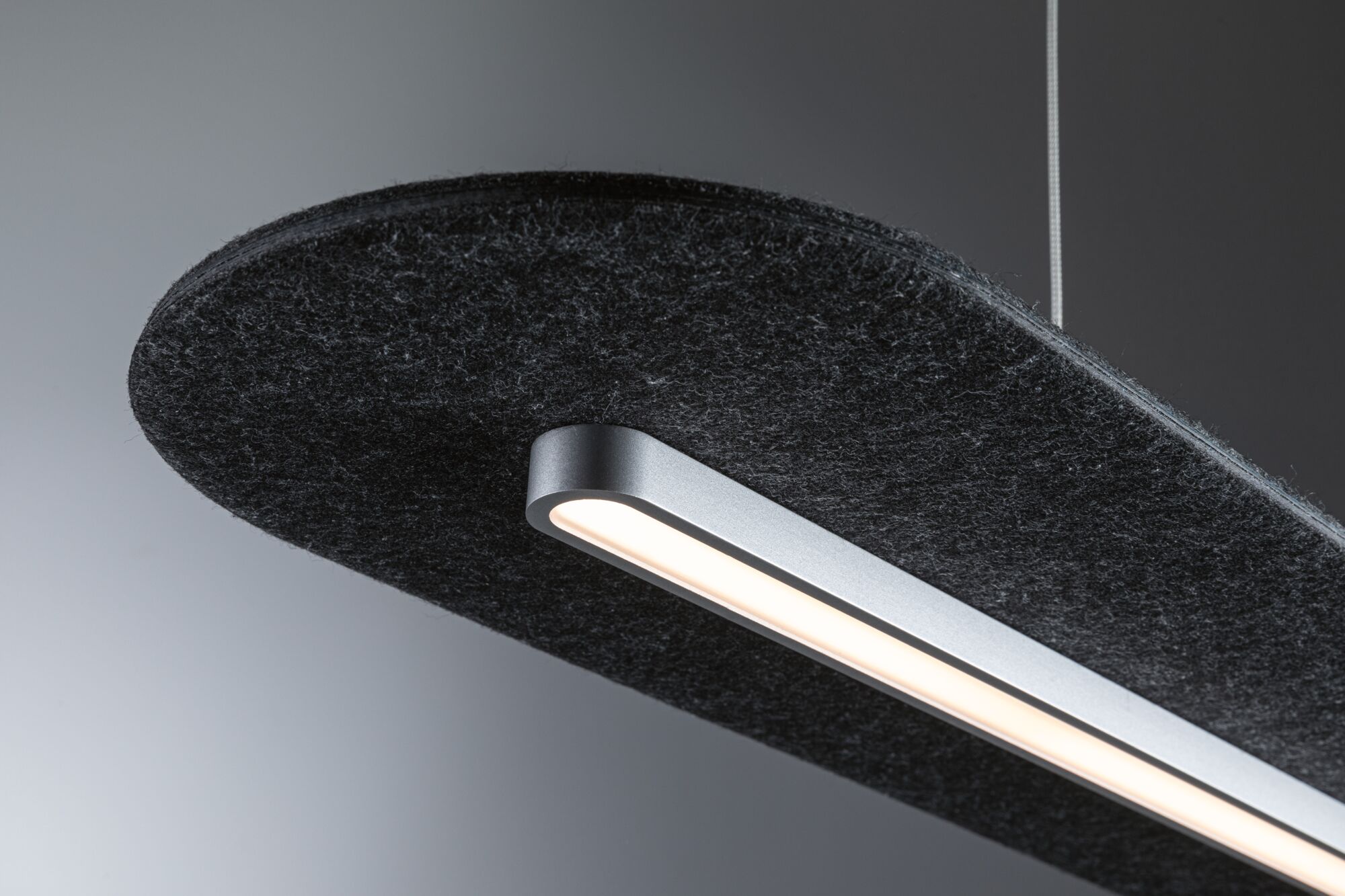 Modern black felt pendant light with integrated LED strip and aluminum frame for living spaces