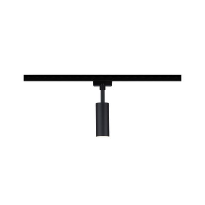 Black metal LED spotlight on track system, modern adjustable spot for accent lighting