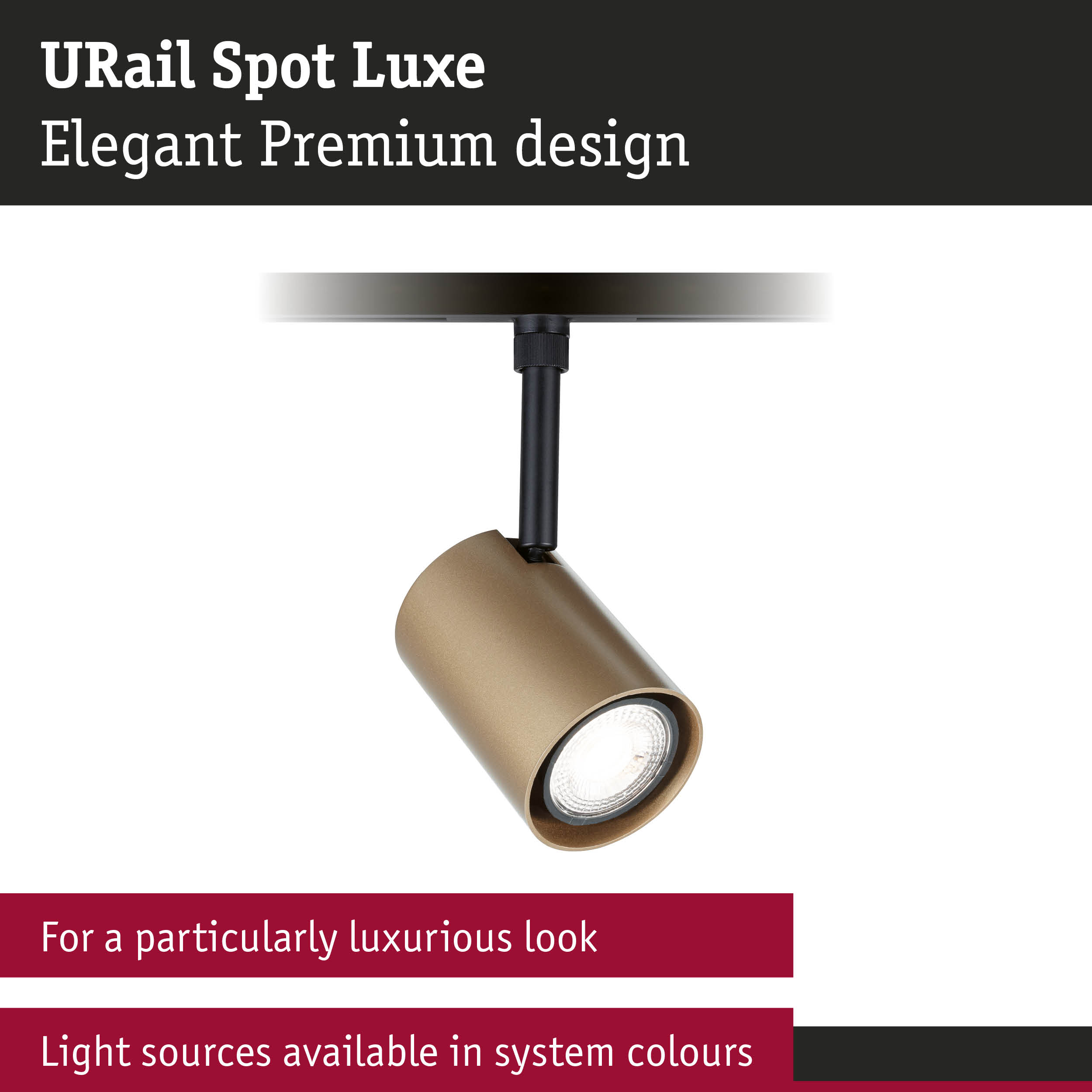 URail Spot Luxe matte gold spotlight with black mount for elegant indoor lighting design