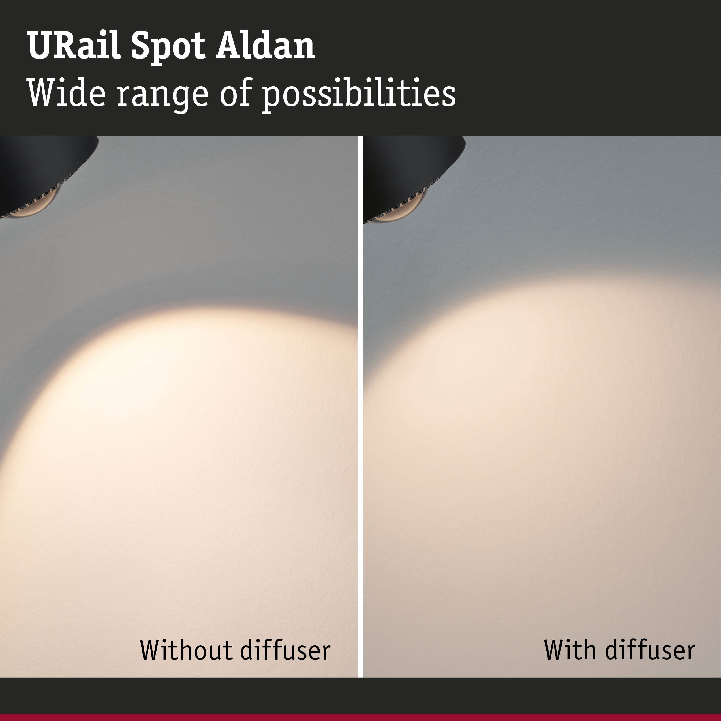 URail Spot Aldan black LED spotlight showing light effect with and without diffuser for versatile lighting