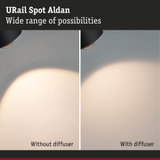 URail Spot Aldan black LED spotlight showing light effect with and without diffuser for versatile lighting